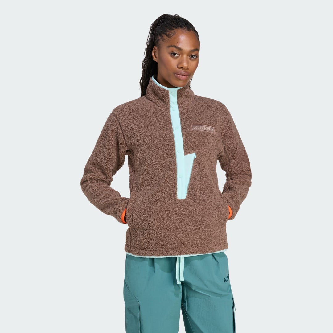 adidas Terrex Xploric High Pile Fleece Pullover Sweatshirt Earth Strata / Semi Flash Aqua - Image 3