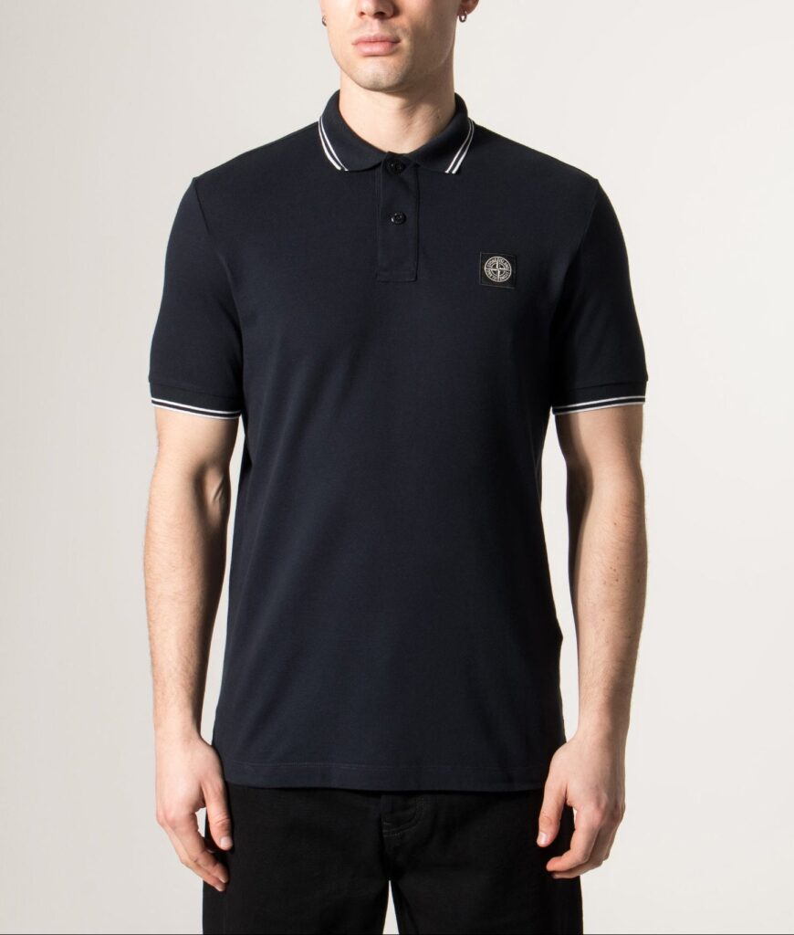 Stone Island Mens Slim Fit Striped Collar Polo Shirt V0020 Navy Blue