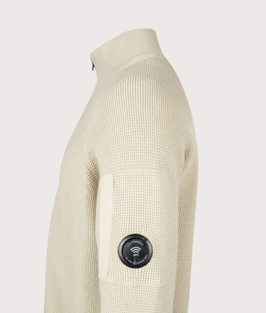 C.P. Company Waffle Knit Zip Through Lens Cardigan Silver Birch