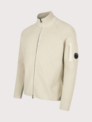 C.P. Company Waffle Knit Zip Through Lens Cardigan Silver Birch