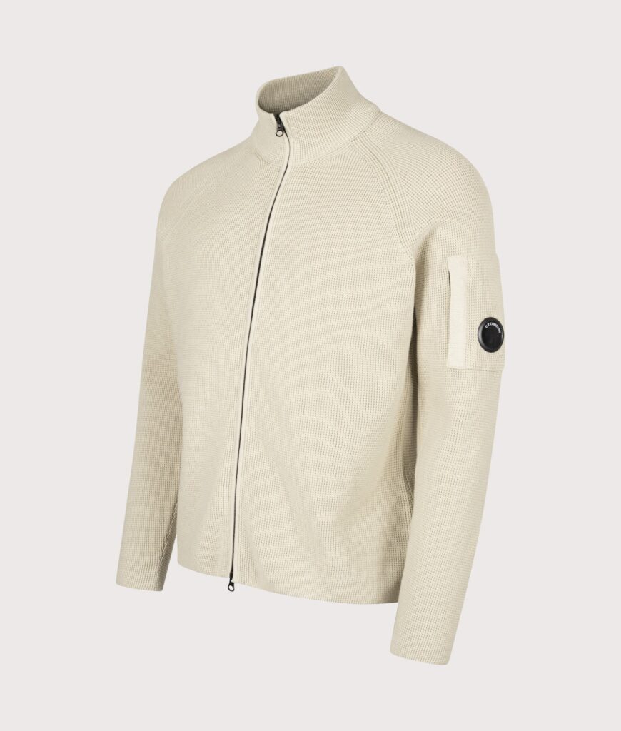 C.P. Company Waffle Knit Zip Through Lens Cardigan Silver Birch
