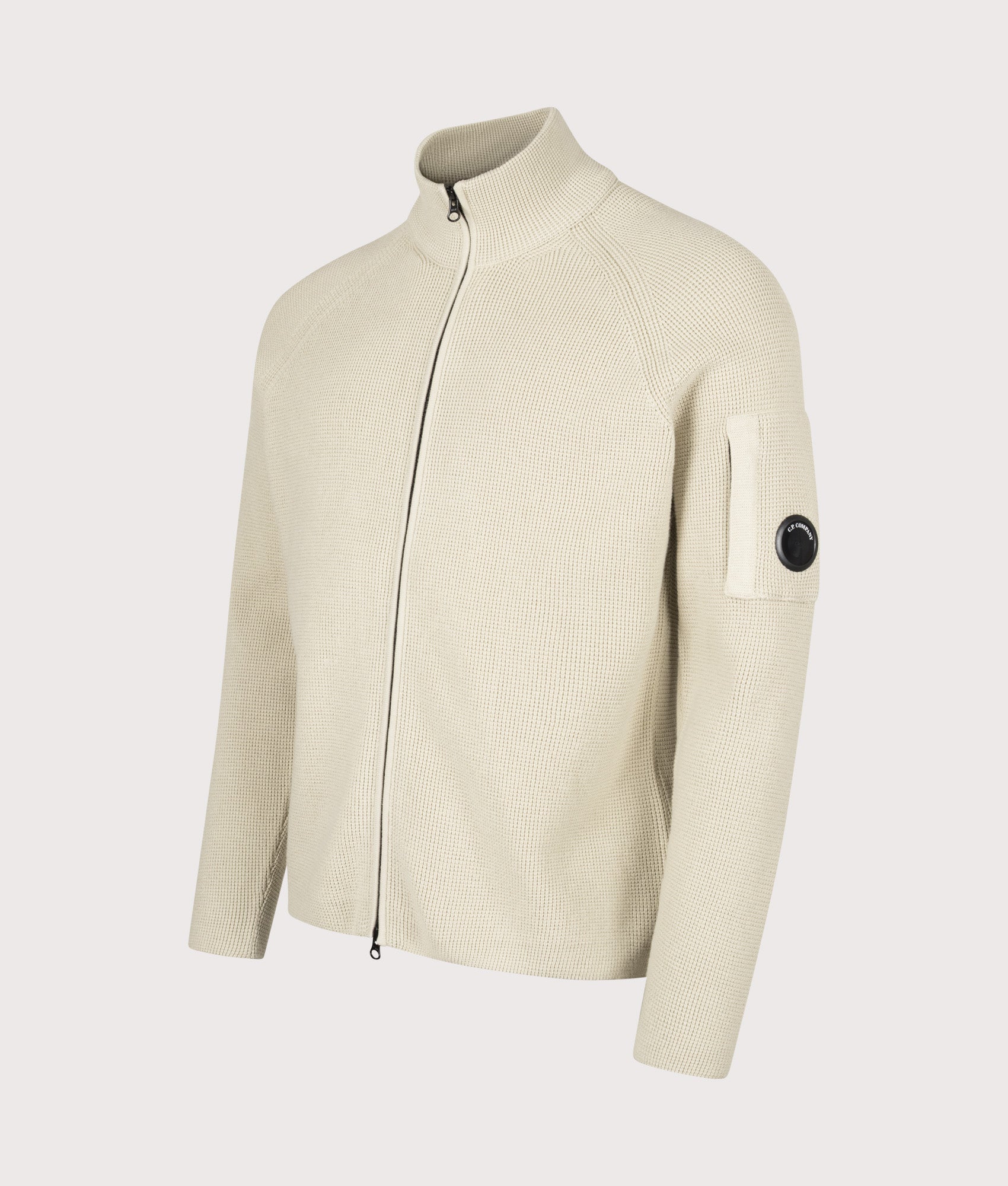C.P. Company Waffle Knit Zip Through Lens Cardigan Silver Birch