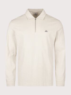 C.P. Company Long Sleeve Stretch Piquet Zip Polo Shirt Silver Birch