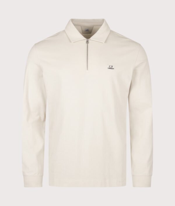 C.P. Company Long Sleeve Stretch Piquet Zip Polo Shirt Silver Birch