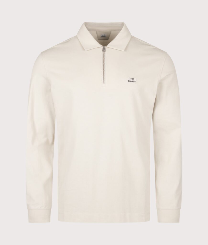 C.P. Company Long Sleeve Stretch Piquet Zip Polo Shirt Silver Birch