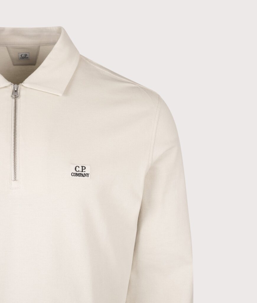 C.P. Company Long Sleeve Stretch Piquet Zip Polo Shirt Silver Birch