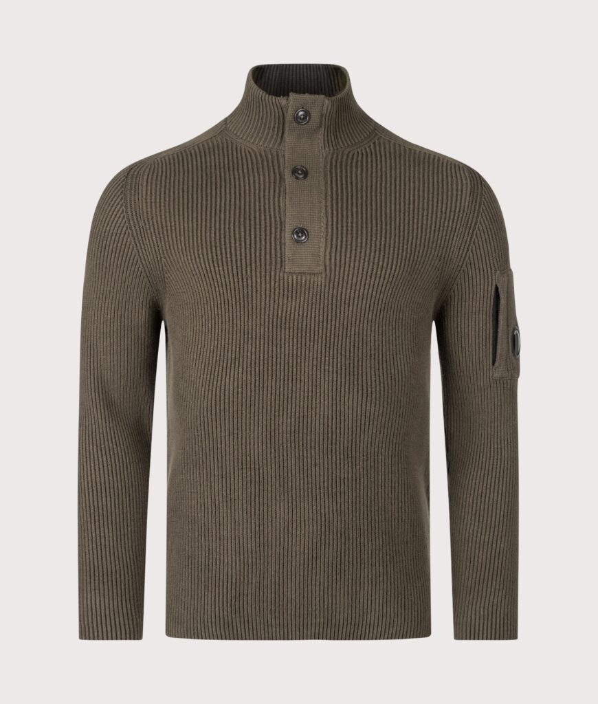 C.P. Company Full Rib Cotton Half Button Lens Jumper Ivy Green