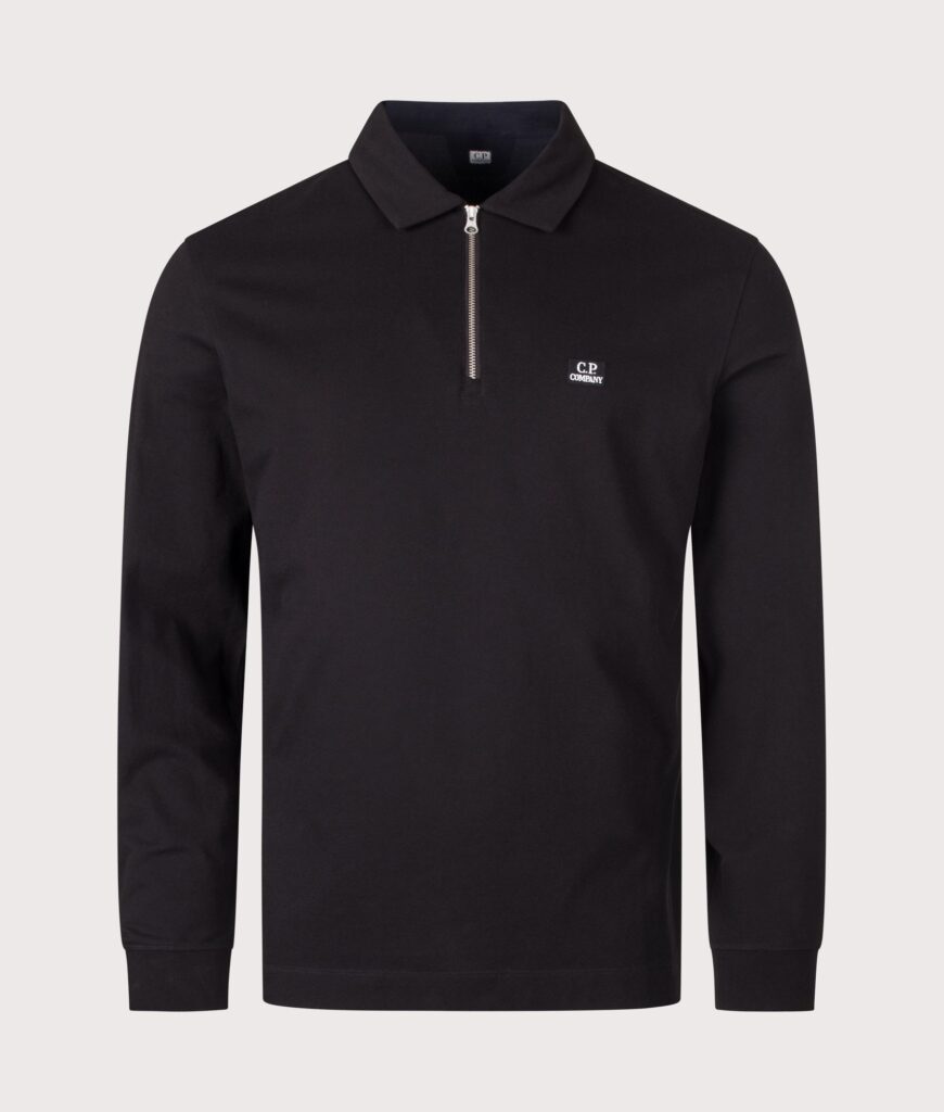 C.P. Company Long Sleeve Stretch Piquet Zip Polo Shirt Black