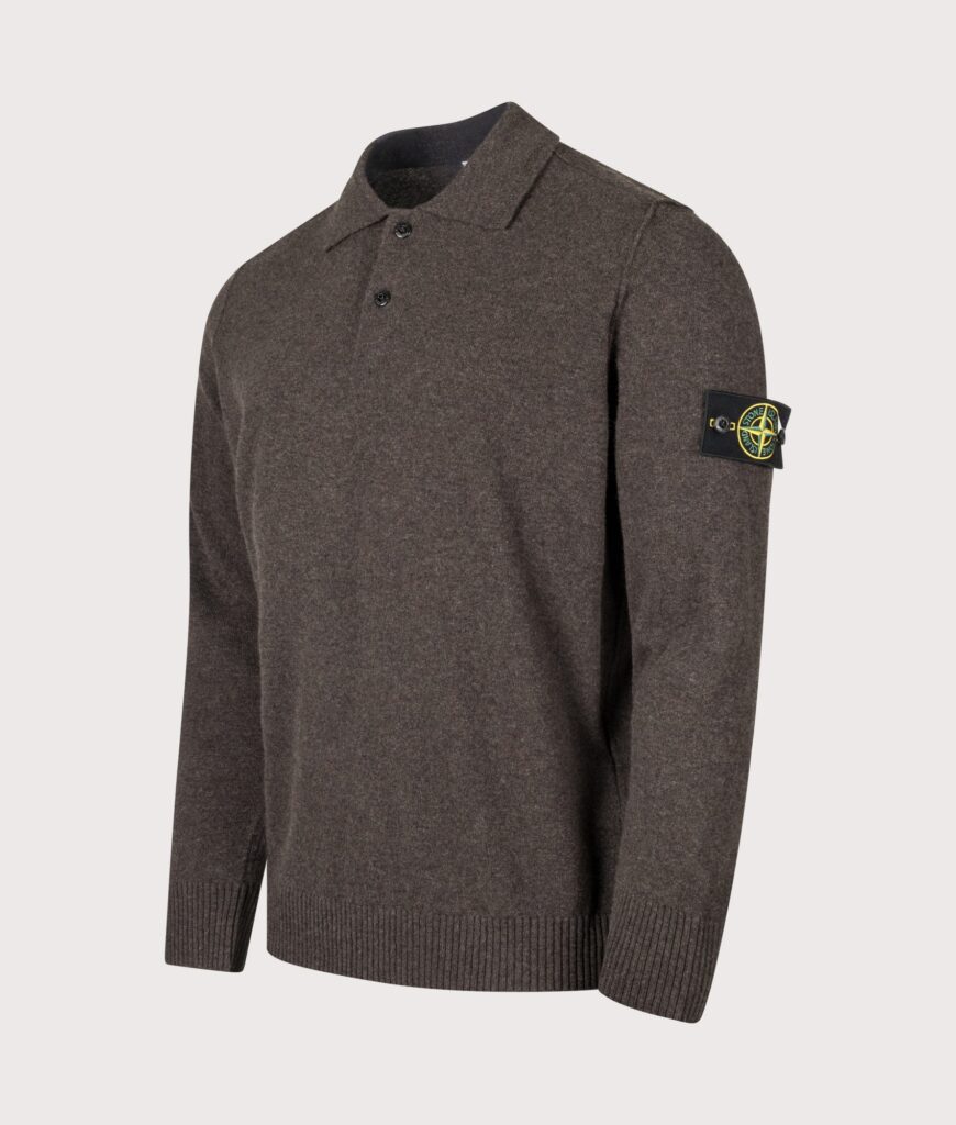 STONE ISLAND Loose Fit Light RWS Geelong Wool Polo Collar Jumper Lead Grey Melange