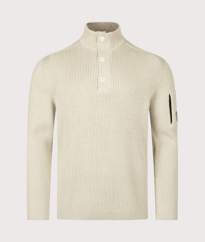 C.P. Company Full Rib Cotton Half Button Lens Jumper Silver Birch