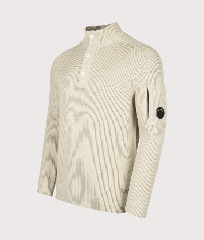 C.P. Company Full Rib Cotton Half Button Lens Jumper Silver Birch