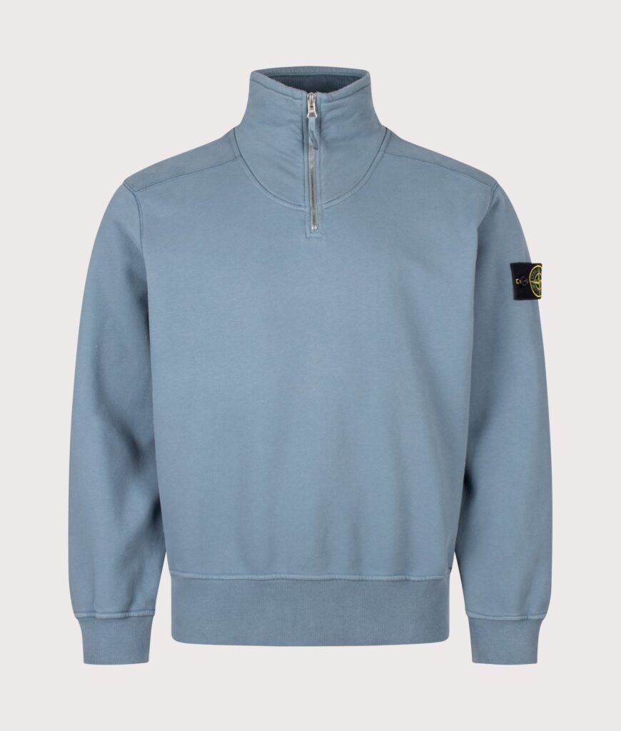 STONE ISLAND Comfort Fit Brushed Organic Fleece Quarter Zip Sweatshirt V002B Steel Blue