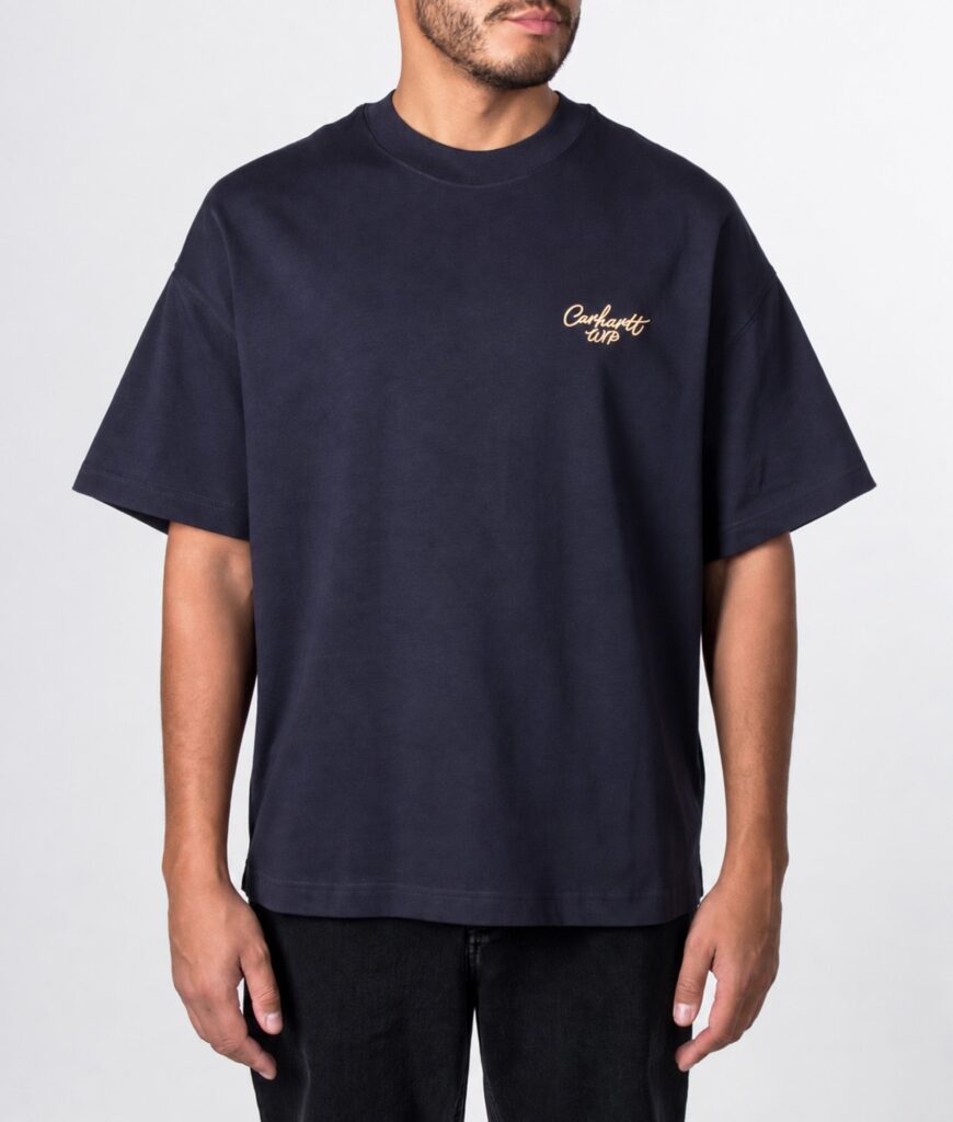Carhartt WIP Boxy Loose Fit Signature Script T-Shirt 3Z6XX Dark Navy/WIP Dusty H