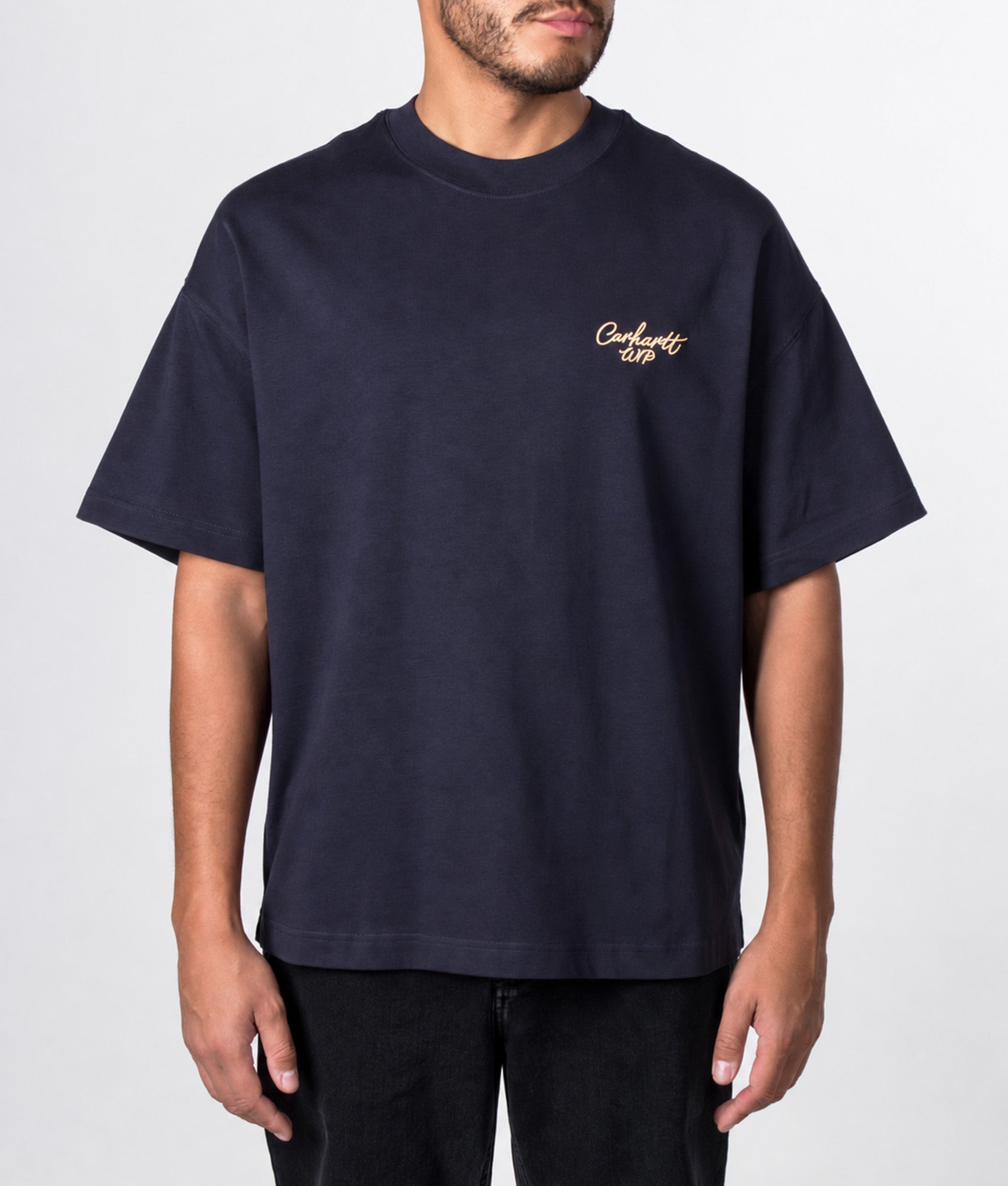 Carhartt WIP Boxy Loose Fit Signature Script T-Shirt 3Z6XX Dark Navy/WIP Dusty H