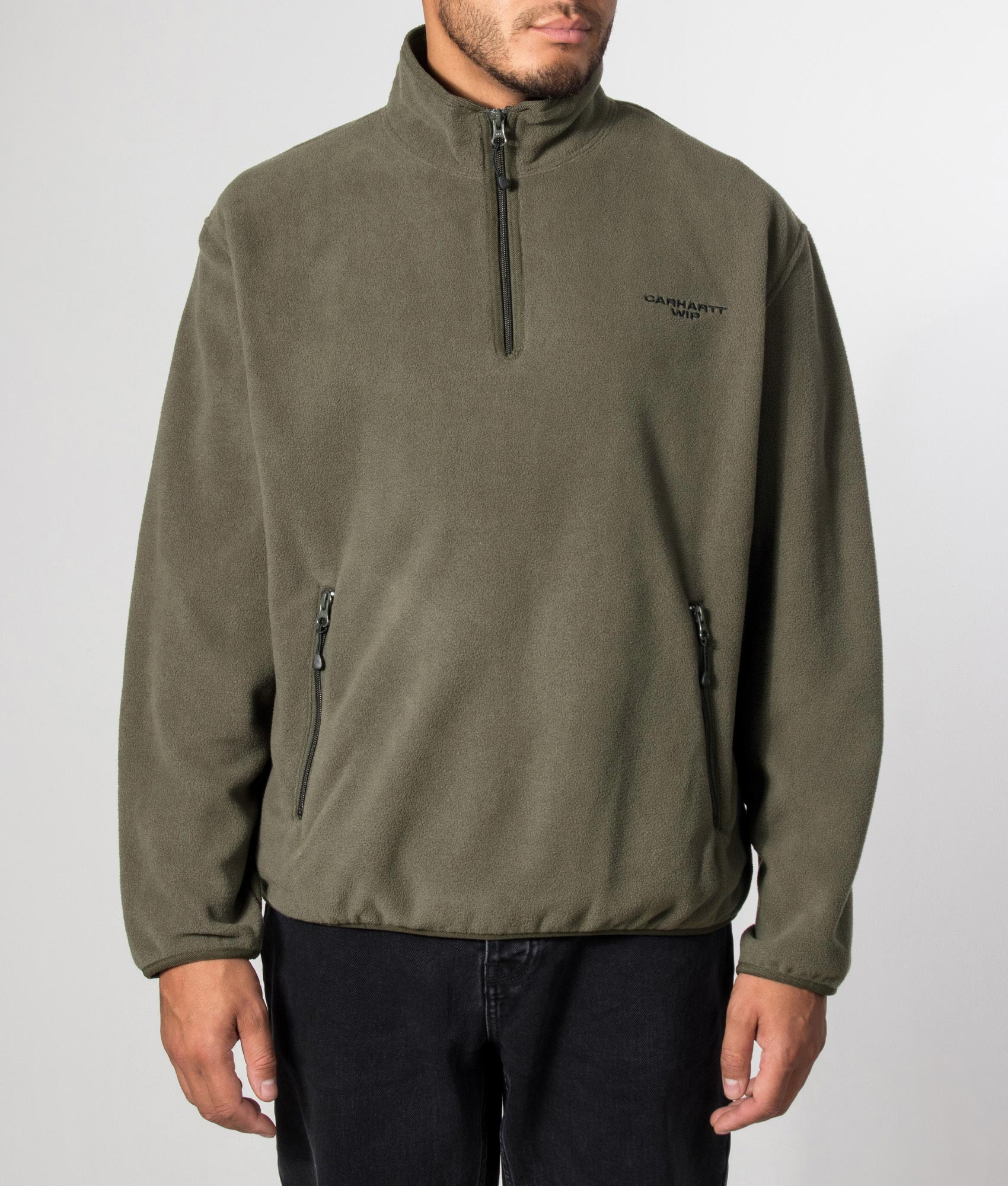 Carhartt WIP Balloon Fit Edmore Quarter Zip Fleece Sweatshirt 00PXX Cypress/Black